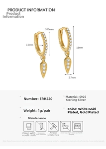 Detailed technical diagram of S925 sterling silver leaf earrings with zircon dimensions