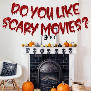Glittery red Halloween banner with DO YOU LIKE SCARY MOVIES text for party decor