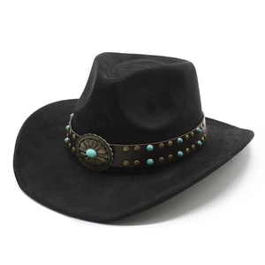 Classic black suede western cowboy hat with studded leather band and turquoise accents