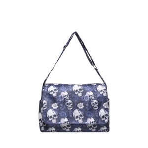Large nylon tote bag with skull and blue rose prints featuring adjustable shoulder strap