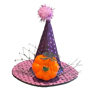 Halloween purple polka dot pointed hat with orange pumpkin and black spider hair clip