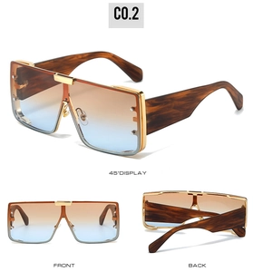 Detailed views of square gradient sunglasses with tortoise temples and gold metal accents