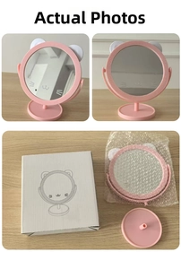 Pink cat-ear desktop makeup mirror with round base and cute cat face printed on glass