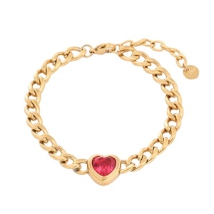 18K gold plated stainless steel Cuban chain bracelet with red heart zircon crystal