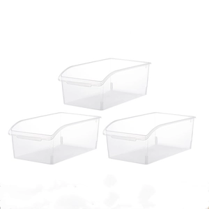 Three clear plastic refrigerator storage bins with front handles for kitchen organization