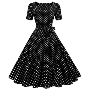 Women Polka Dot Dress Square Neck Short Sleeve Polyester Retro French Style Slim A-Line High Waist With Bow Tie