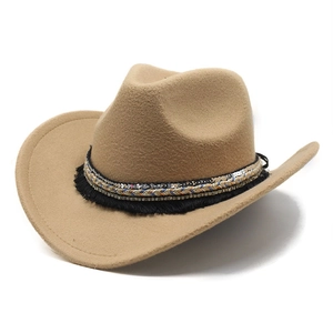 Khaki wool felt western cowboy hat with bohemian tassel and beaded decorative band