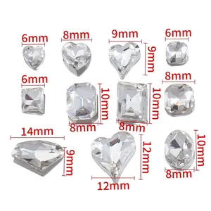 Size chart for sparkling clear rhinestones including heart and rectangle shapes for nail art