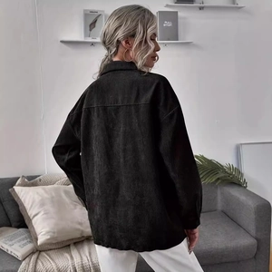 Women's black corduroy long sleeve shirt jacket loose fit casual style back view