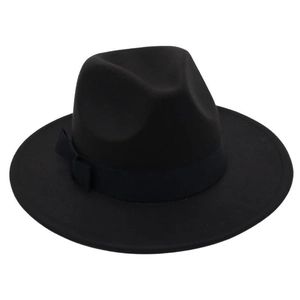 Detailed view of a classic black wool fedora featuring a matching satin ribbon and bow