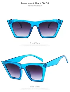 Detaillierte Vorder- und Seitenansicht der transparent blauen quadratischen Sonnenbrille mit Farbverlauf