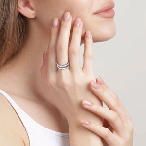 925 silver double-row moissanite geometric ring on model hand with a polished finish