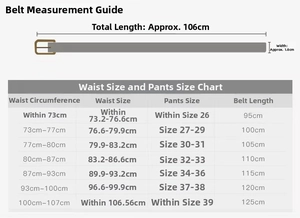 Size chart for women's slim belt with 106cm length and 1.8cm width dimensions