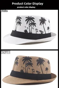 Detail showing white and khaki woven fedora hats with palm tree print decorative bands