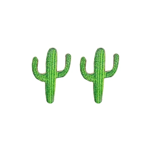 Ethnic style green cactus stud earrings with textured surface on a white background