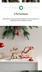 Detailed view of wooden Santa sleigh with reindeer table decor featuring XMAS lettering