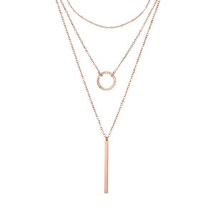 Close-up of triple-layered 18k gold-plated necklace with textured ring and bar pendant