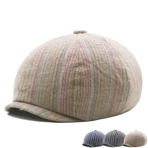 Vintage Striped Newsboy Cap Cotton Linen Breathable Adjustable Flat Ivy Hat For Men Women Outdoor Casual Sun Protection
