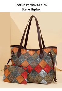 Detail of color-block tote set showing crocodile, ostrich and litchi texture patterns