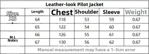 Size chart for faux leather bomber jacket showing measurements for XS, S, M and L sizes