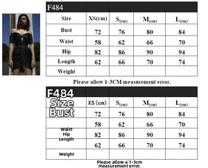 Detaillierte Größentabelle für sexy Neckholder-Kleid mit schwarzem Modellbild