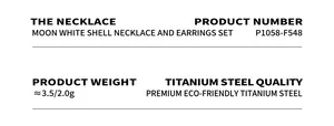 Detailed specifications for moon white shell pendant necklace and earrings set in titanium