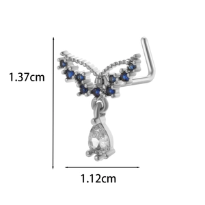 Detailed view of titanium steel L-shape nose stud with blue wing and zircon pendant