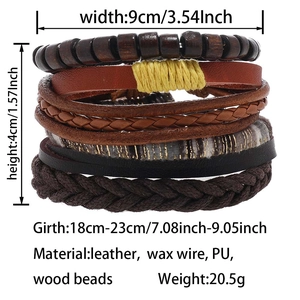 Detailed view of multilayer leather bracelet set with wooden beads and size parameters