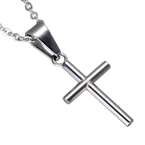 Polished silver stainless steel cross pendant necklace with minimalist design on white base