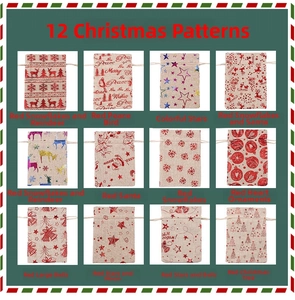 Detail view of 12 Christmas linen drawstring gift bags with various festive patterns
