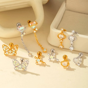 Golden and silver butterfly heart cartilage studs with zirconia and stainless steel posts