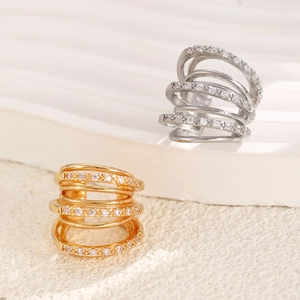 Modern layered cuff earring in gold and silver finish with zircon stone micro-pave