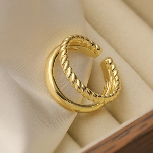 Minimalist double-layered gold plated geometric open ring with polished and twisted textures