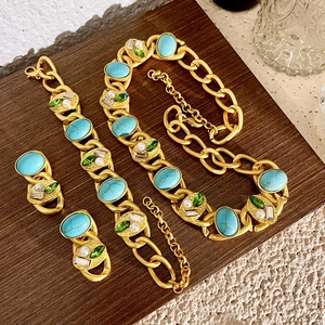 Vintage Gold Alloy Chunky Chain Necklace Bracelet Earrings Faux Artificial Pearl Imitation Turquoise Green Crystal Silver Earring Post