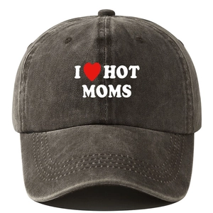 Detail of washed black baseball cap with I Love Hot Moms embroidery and fabric texture
