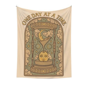Retro hourglass tapestry with sun and moon art and One Day At A Time quote