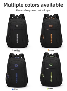 Four leisure business backpacks in black with color accents in white, orange, blue, and green