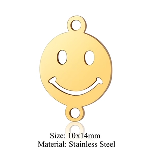 Close-up of golden stainless steel smiley face charm with 10x14mm size text details