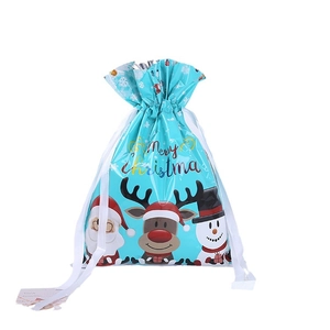 Blue Christmas drawstring gift bag with Santa Claus, reindeer prints and gift tag