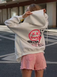 White oversized zip hoodie with pink graffiti smiley face and KEEP IT REAL back print