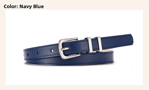 Detail view of navy blue leather belt with silver pin buckle and double loops