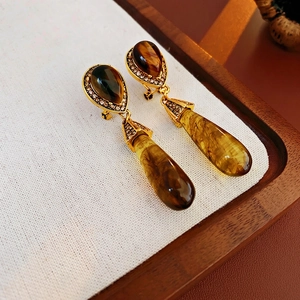 Vintage Teardrop Dangle Earrings With Simulated Tiger Eye Stone Alloy Rhinestone And Silver Earring Post For Women