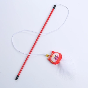 New Year style red cat wand toy with embroidered plush cat charm and white feather tail