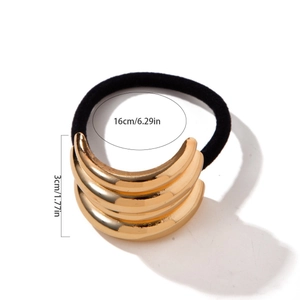 Black elastic ponytail holder with gold multi-layer crescent metal decor 16cm circumference