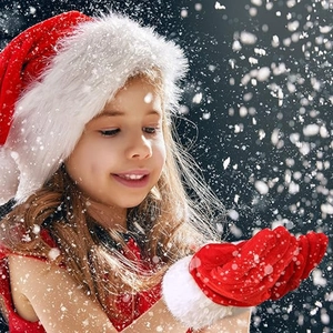 Detailed view of red plush Christmas hat and matching gloves with white fur balls