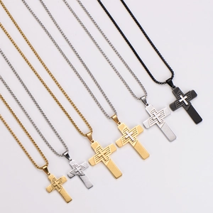 Set of 6 vintage stainless steel cross pendant necklaces in gold, silver and black