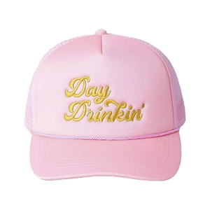Pink Day Drinkin' mesh trucker hat with gold embroidery and decorative cord for outdoors