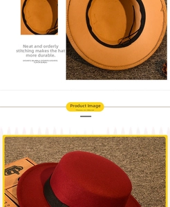Detail showing neat stitching on wool felt flat top boater hat with grosgrain ribbon
