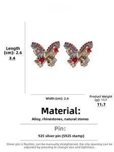 Detailansicht bunter Schmetterling-Ohrringe mit Kristallen, Steinen und 925er Silbernadeln