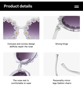 Detail view of flower sunglasses with daisy trim, sturdy hinges and comfortable nose pads